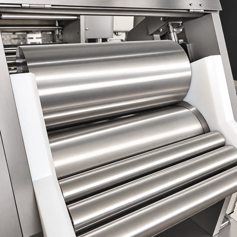 Smooth-roller dough rolling unit detail view