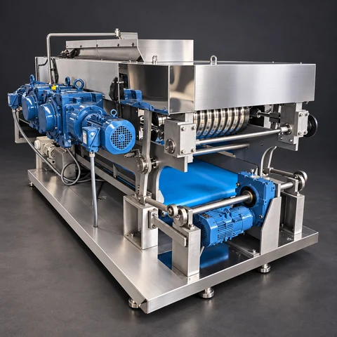 Standalone compound dough sheeter with blue drives and conveyor