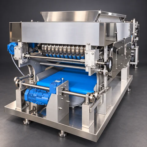 End-on overview: standalone compound dough sheeter