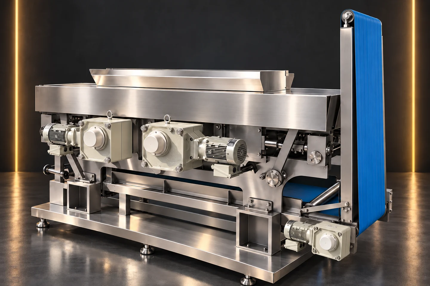 Standalone compound dough sheeter, drive-side view with upper housing, geared drives and upright blue conveyor assembly