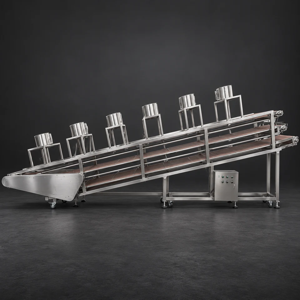 Three-tier noodle air-cooling conveyor with mesh belts, overhead fans, support frame and control cabinet