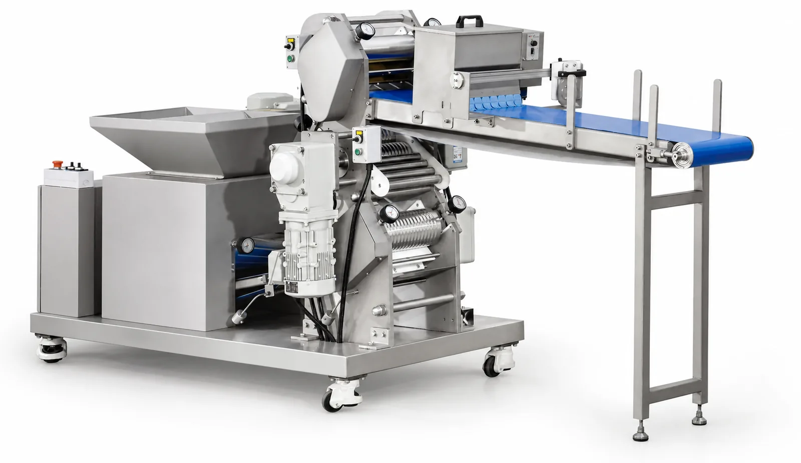 HELPER YPJ-270 and YPJ-360 industrial wrapper dough sheeter with four-stage rollers and blue discharge conveyor