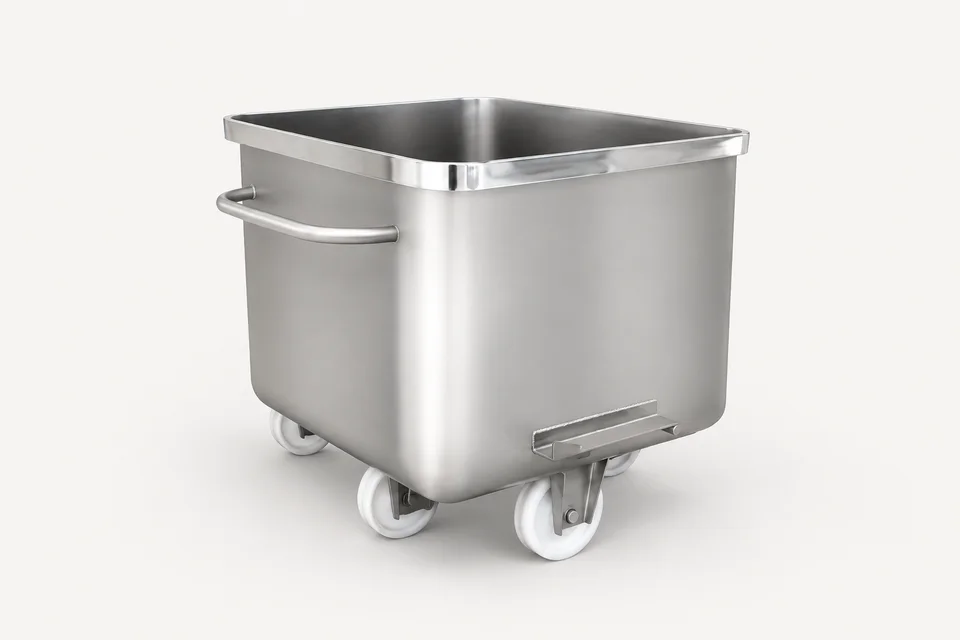 Product visualization of an open stainless steel transport bin