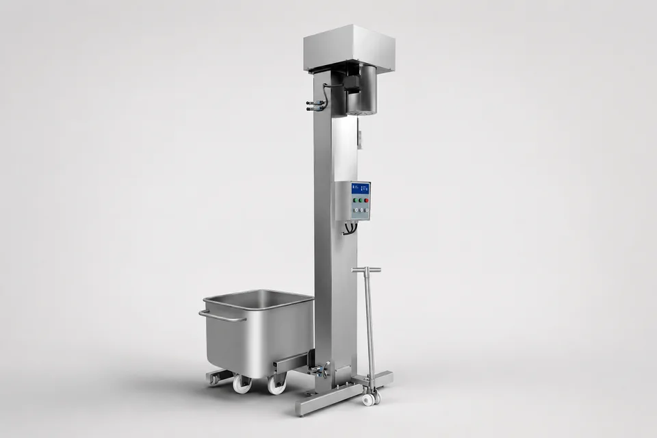 Product visualization of a mobile column bin hoist with a wheeled bin