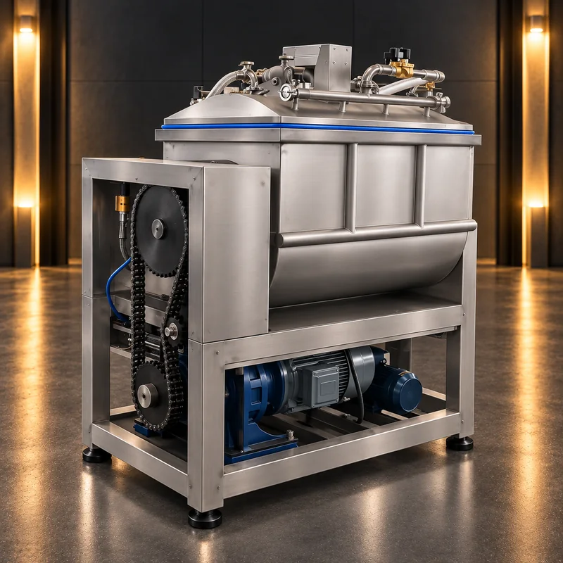 Configuration view of the mixing trough, supporting frame and drive-side layout.
