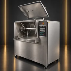 Vacuum dough mixer configuration reference with open lid, control-side view