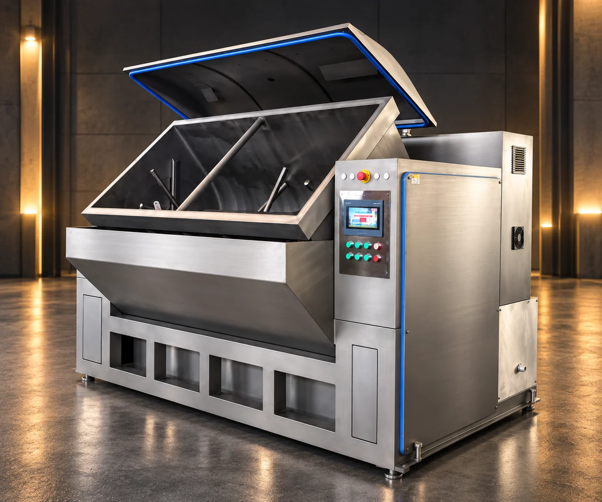 ZKHM-650 vacuum dough mixer product presentation with open lid and operator controls