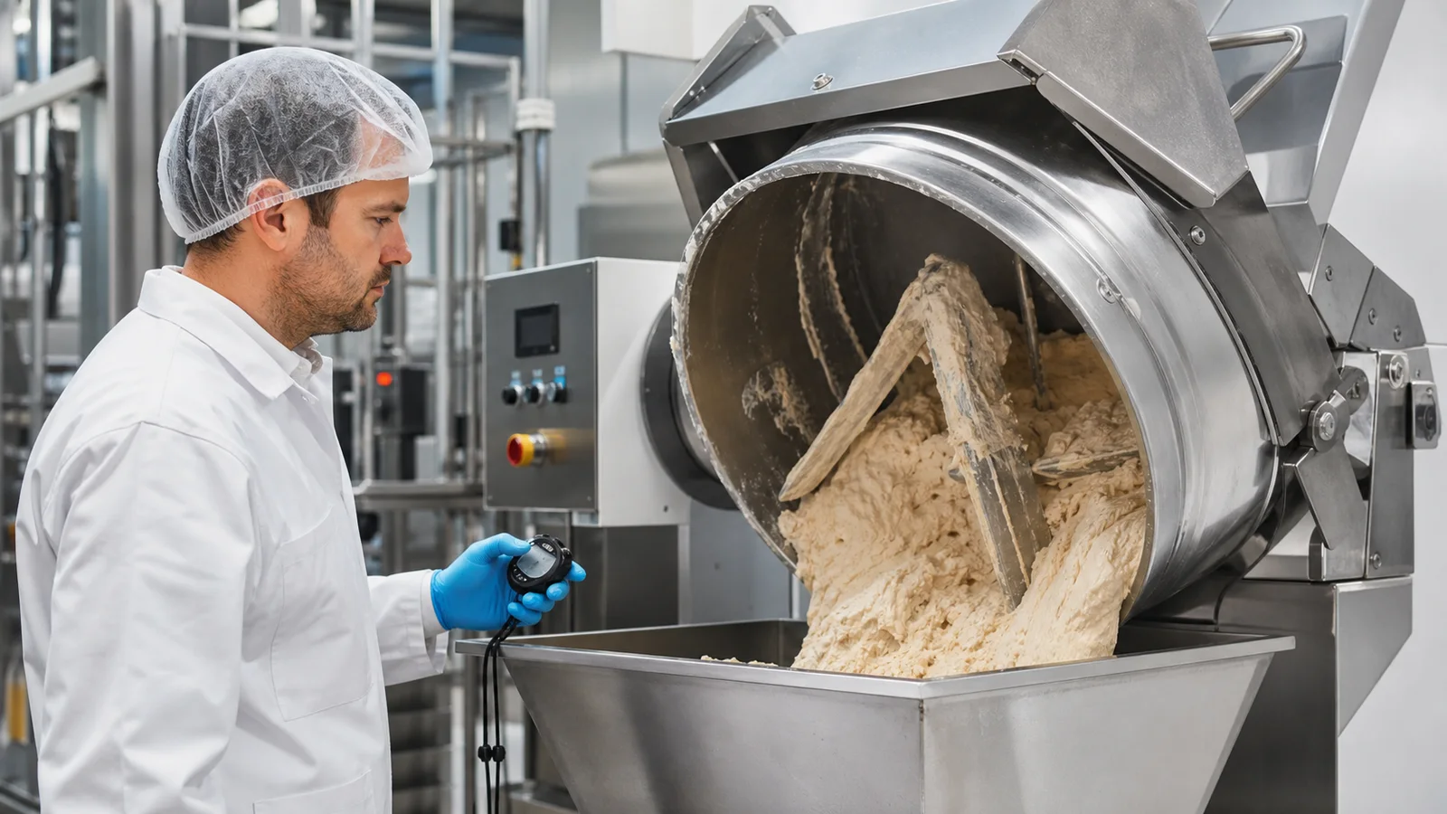 Process engineer timing a dough mixer batch during commissioning