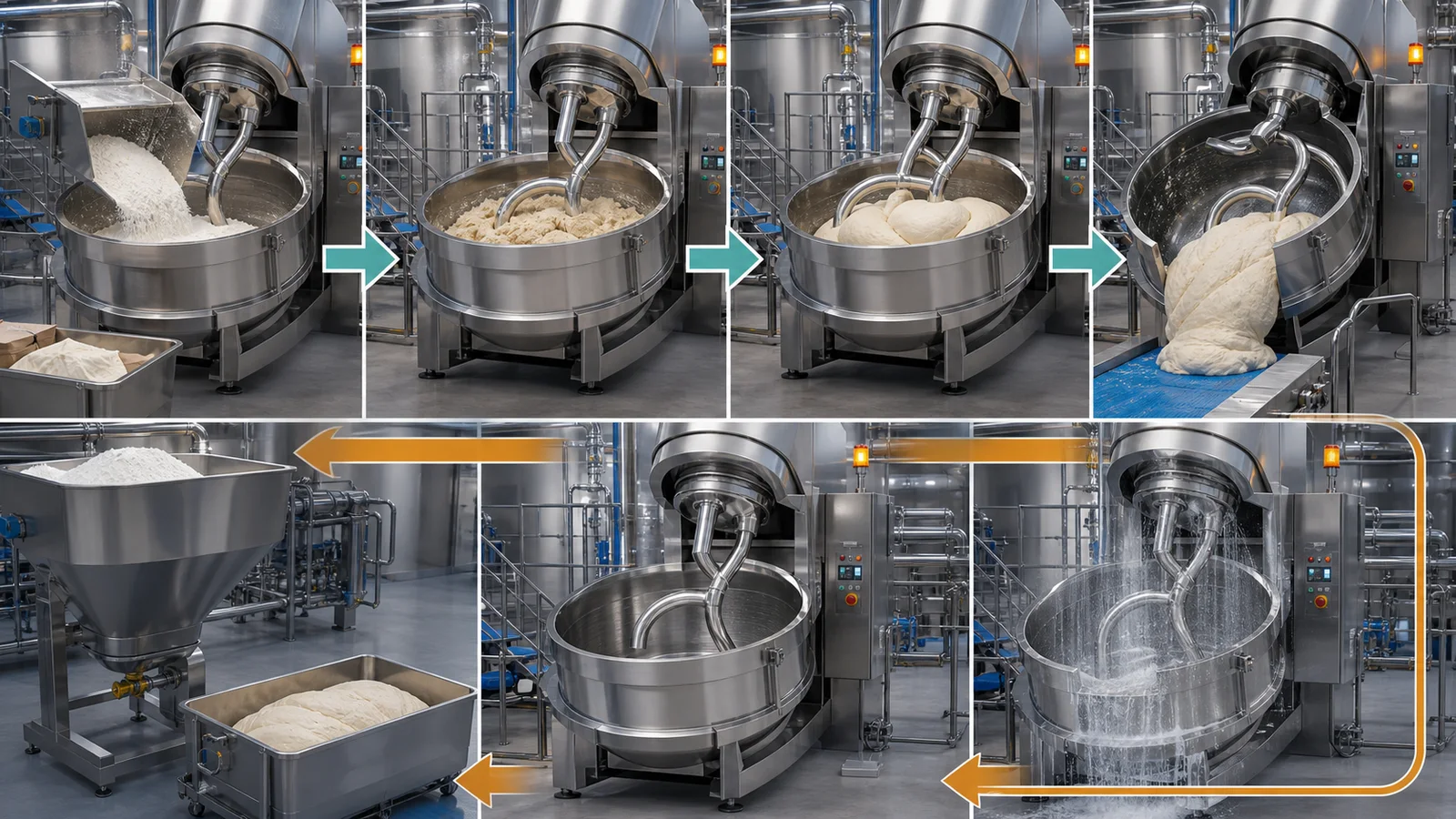 Stainless batch dough mixer shown through loading mixing discharge and sanitation phases