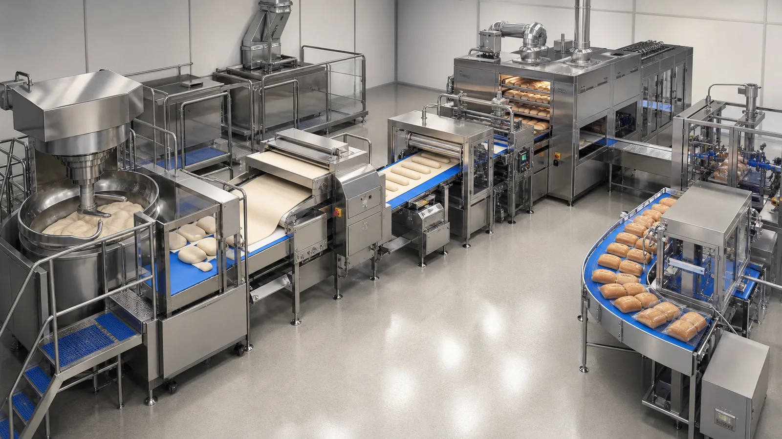 Technical planning diagram for balancing a complete flour-food production line