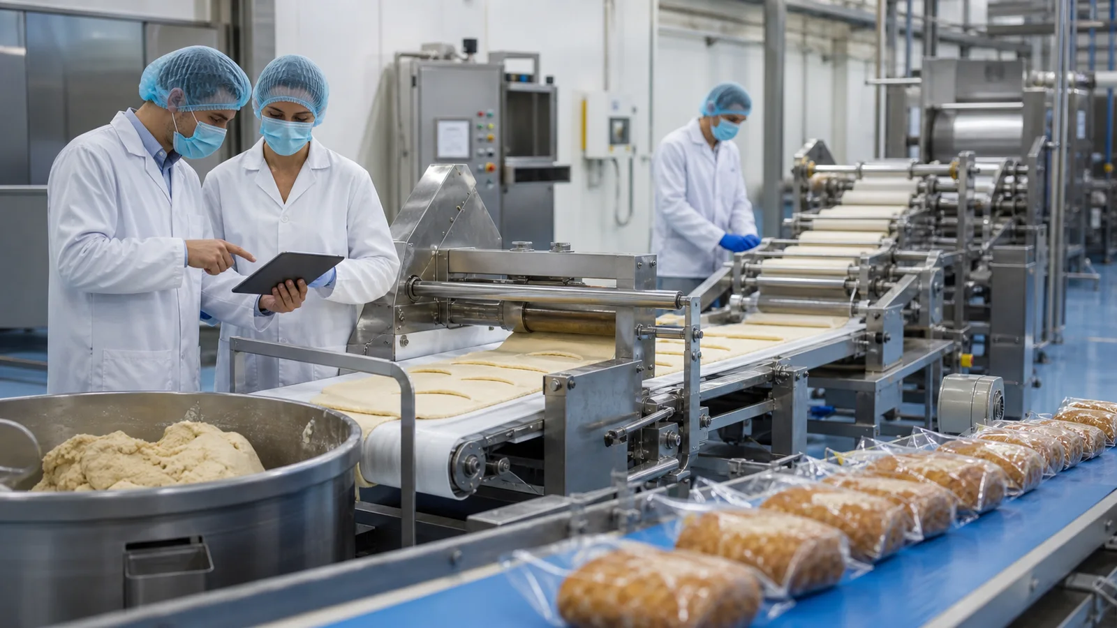 Technical illustration of throughput validation for a flour-food line