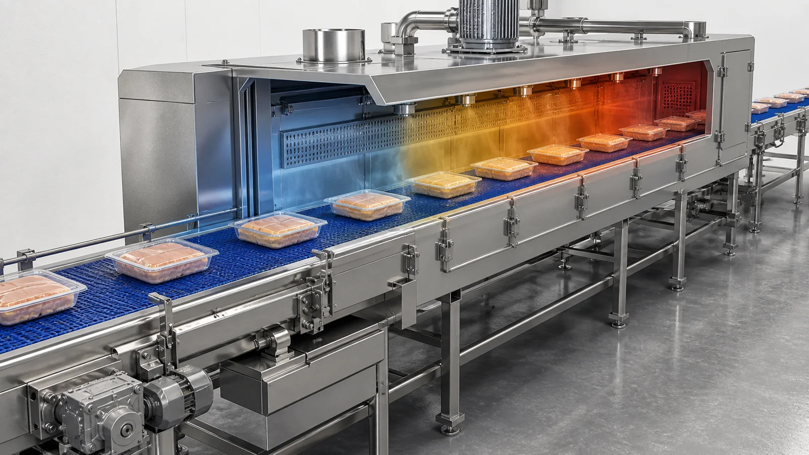 Hygienic food conveyor showing product spacing through an enclosed process tunnel