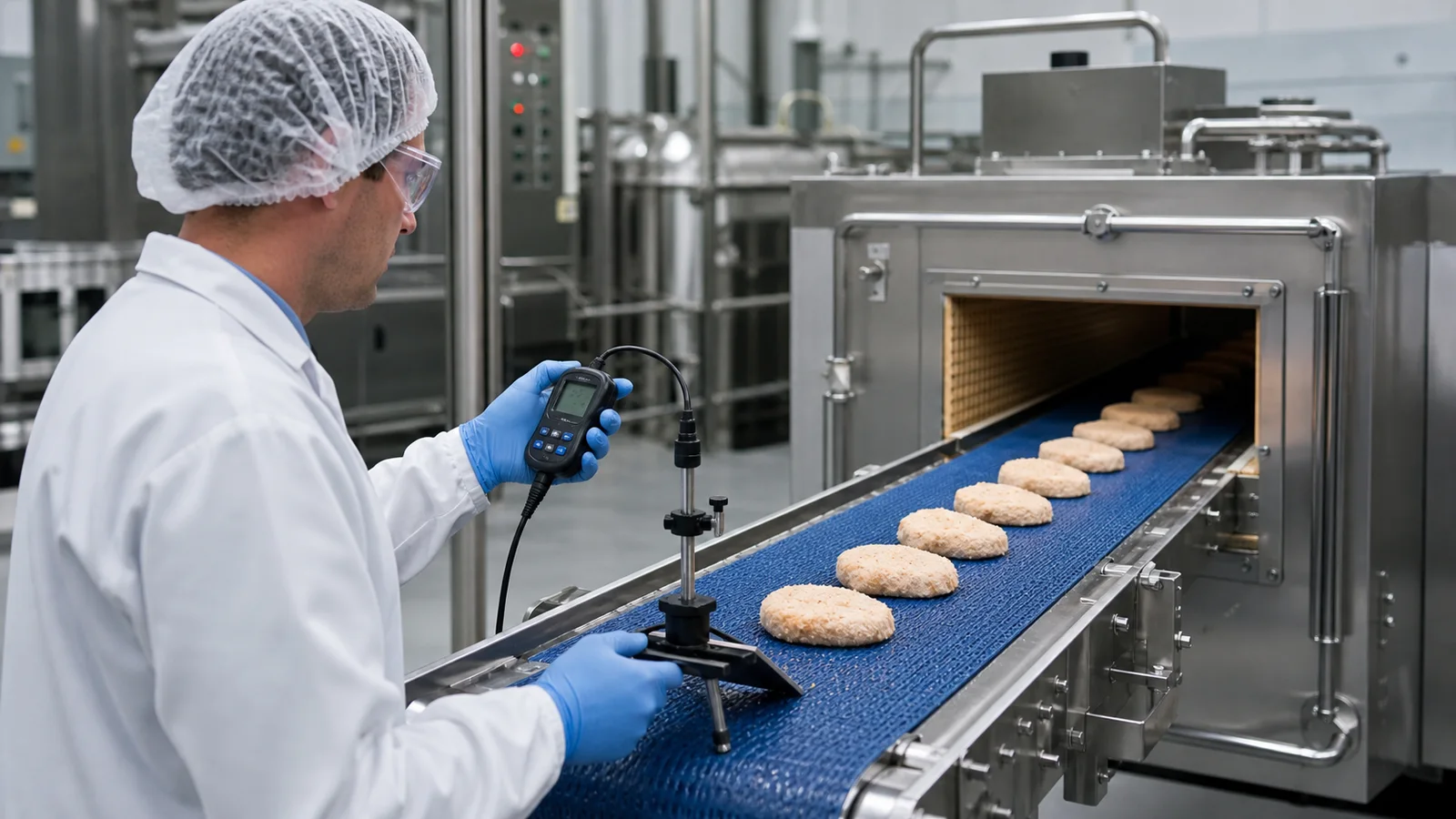 Technician measuring belt speed and product travel time on a food conveyor