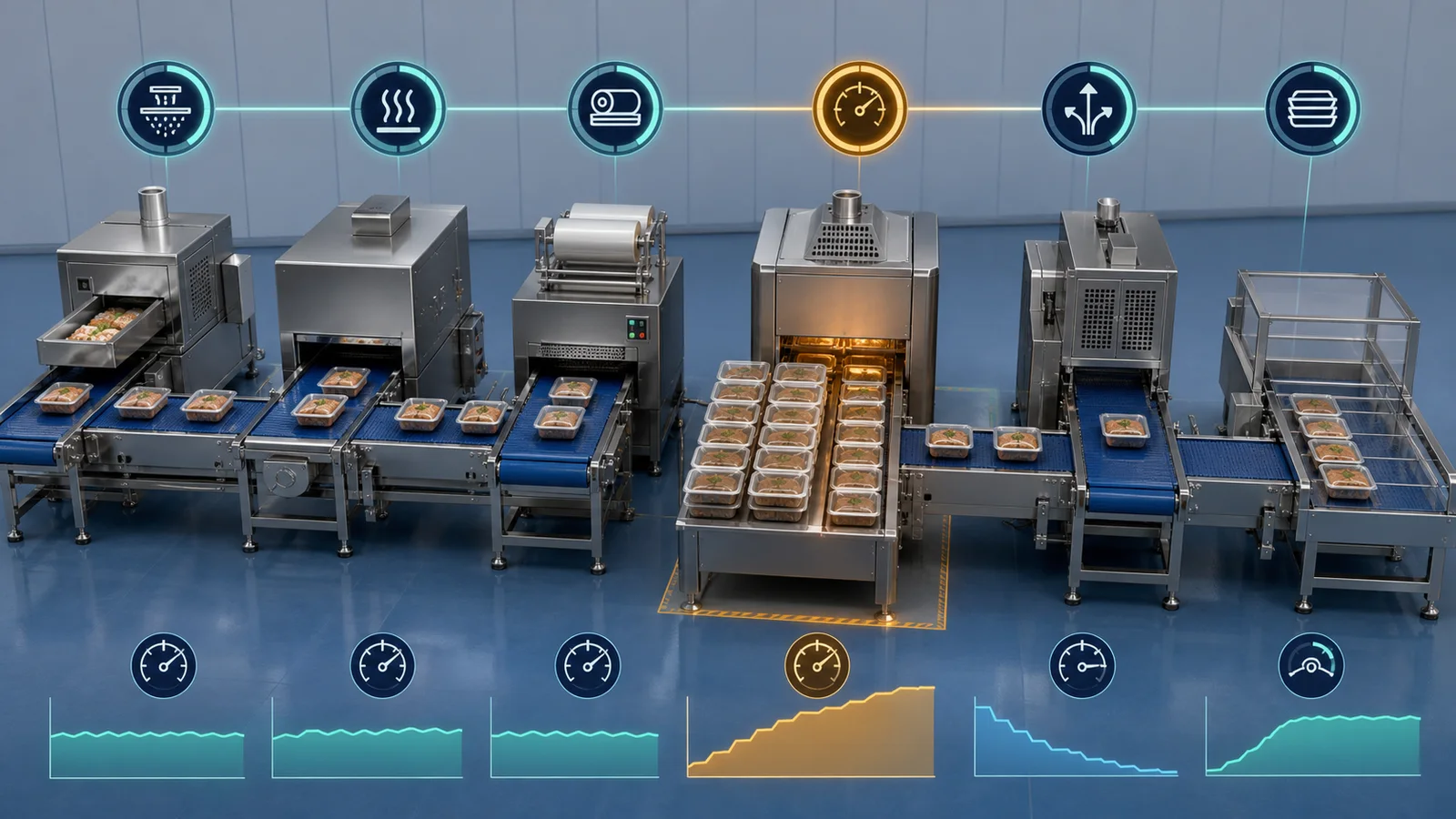 Connected food processing stations with a queue before the constrained operation and a starved downstream station