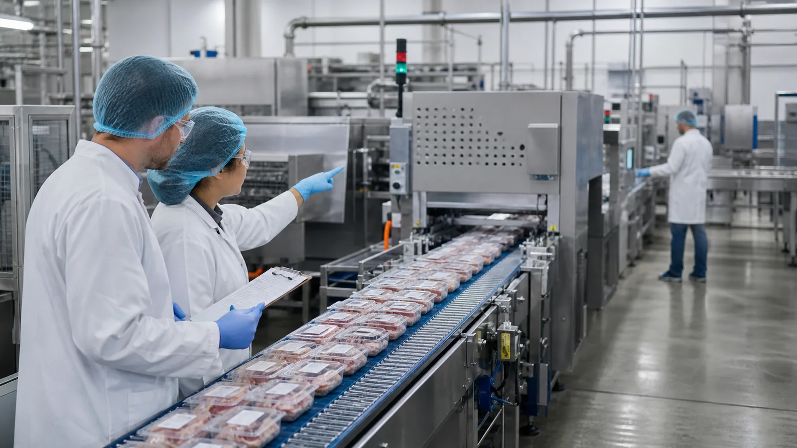 Production engineers observing a queue during a food line throughput trial