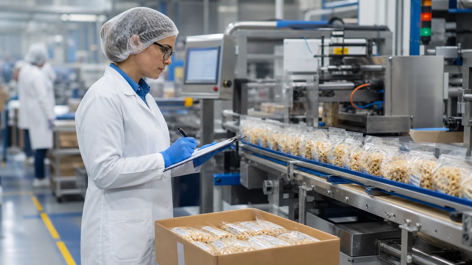 Operations engineer recording runtime stops and accepted output beside a food production line