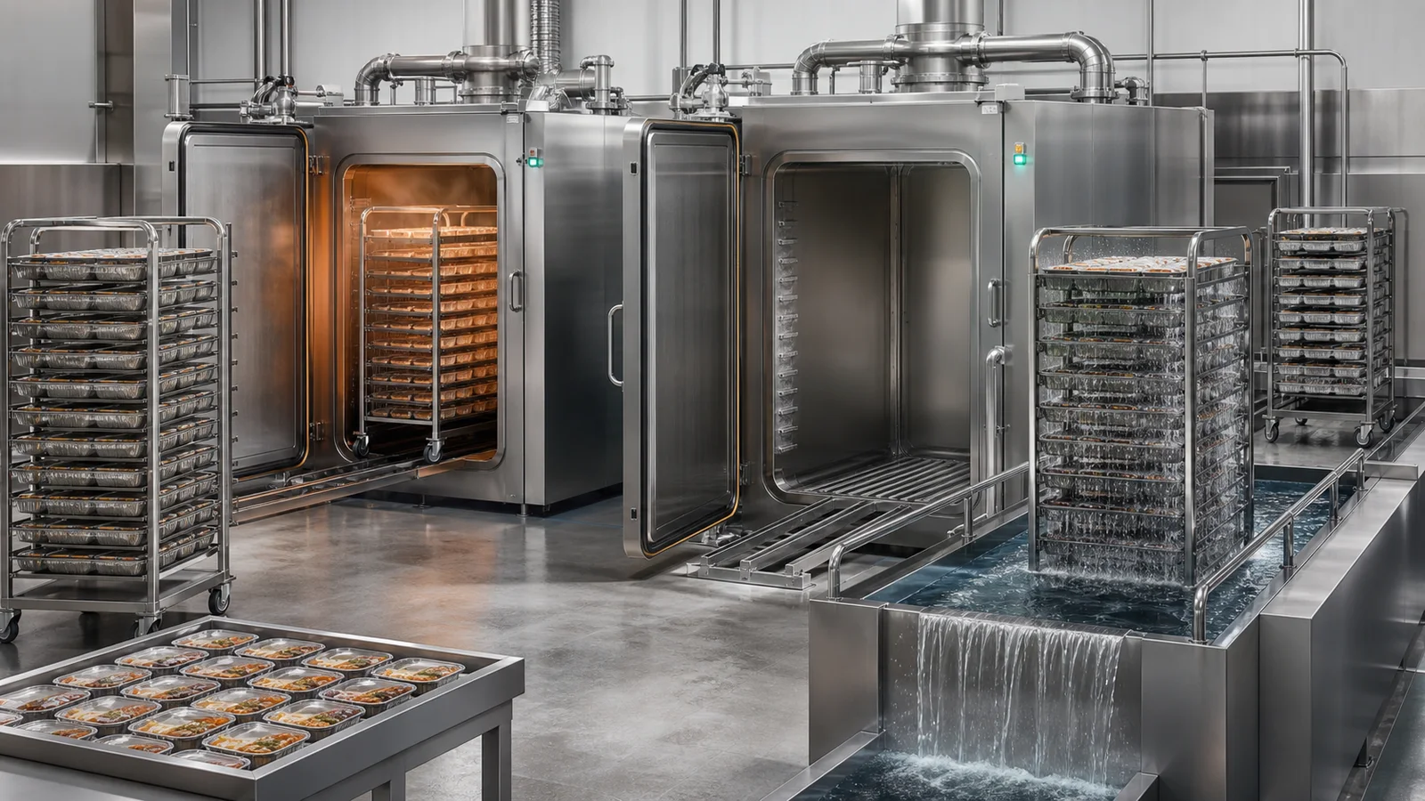 Two industrial food thermal chambers with mobile racks moving through preparation processing cooling and unloading