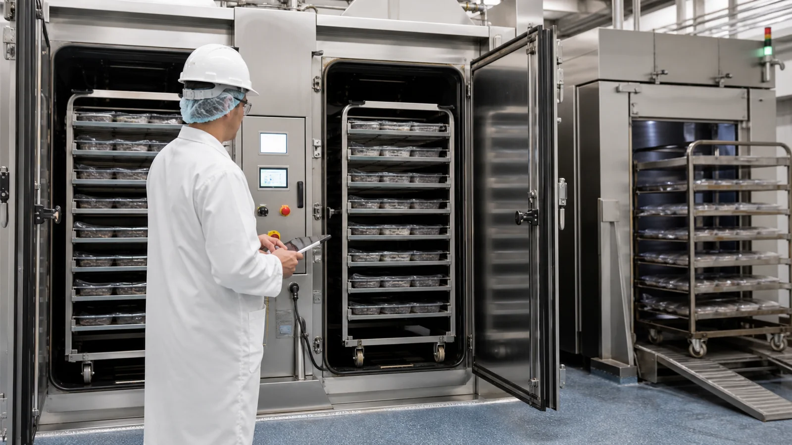 Thermal process engineer validating chamber cycle timing and mobile rack loading