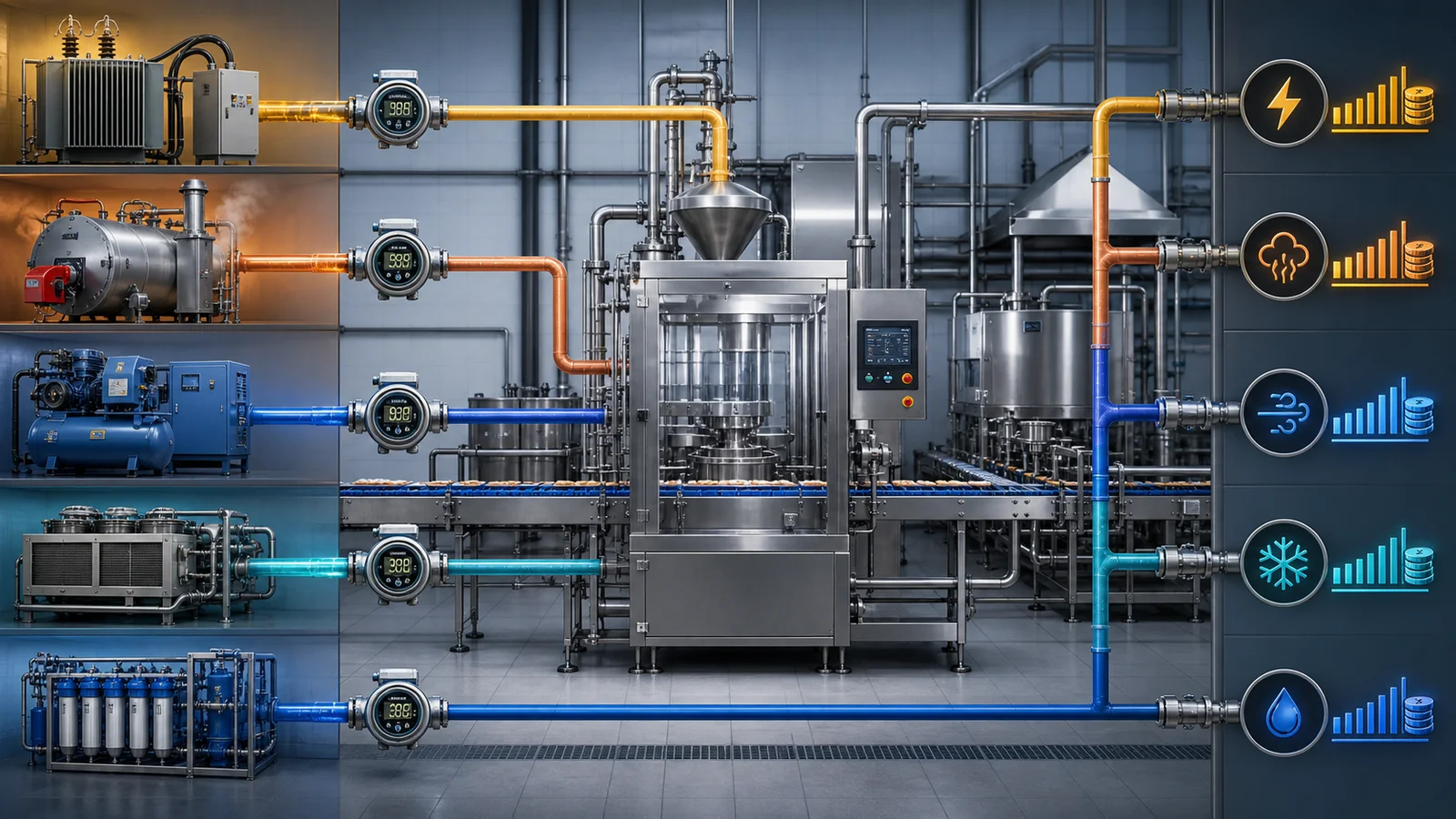 Food production line supplied through metered electricity steam compressed air chilled water and cleaning water