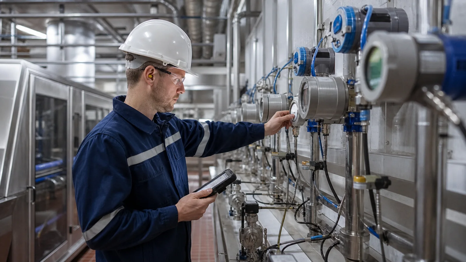 Energy engineer collecting utility meter readings around a food production line
