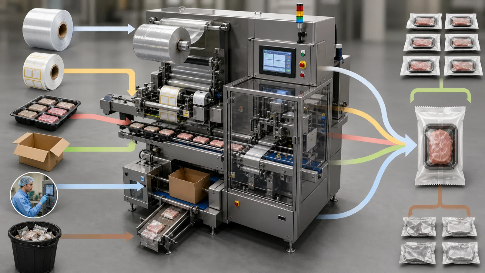 Packaging machine combining film labels product cartons labor and rejected packs into accepted packages