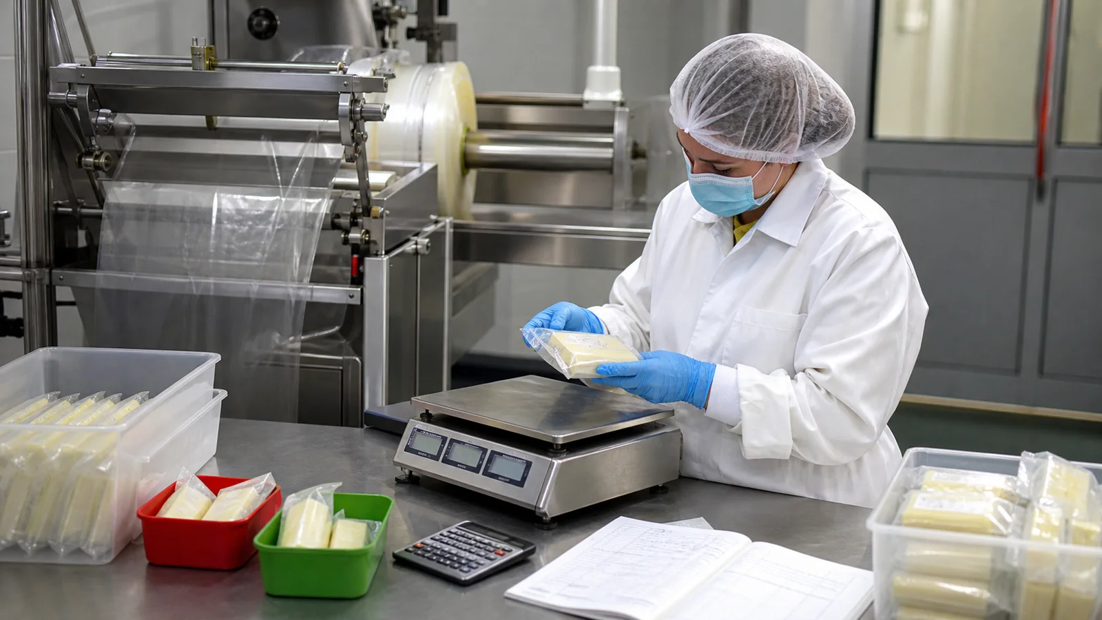 Packaging technician weighing film and checking accepted and rejected packs during a trial
