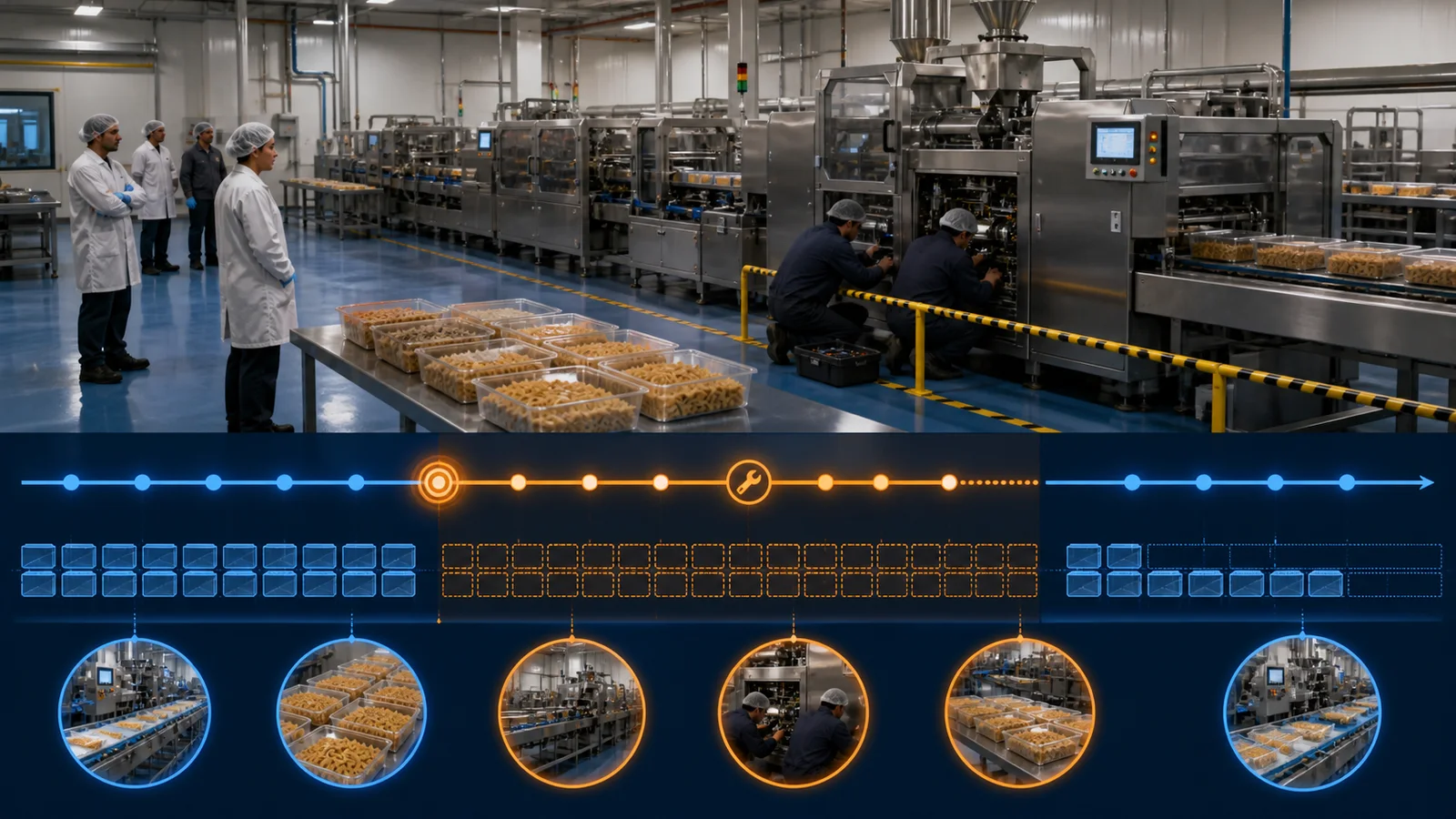 Stopped food packaging line showing idle labor held material missing output and maintenance recovery