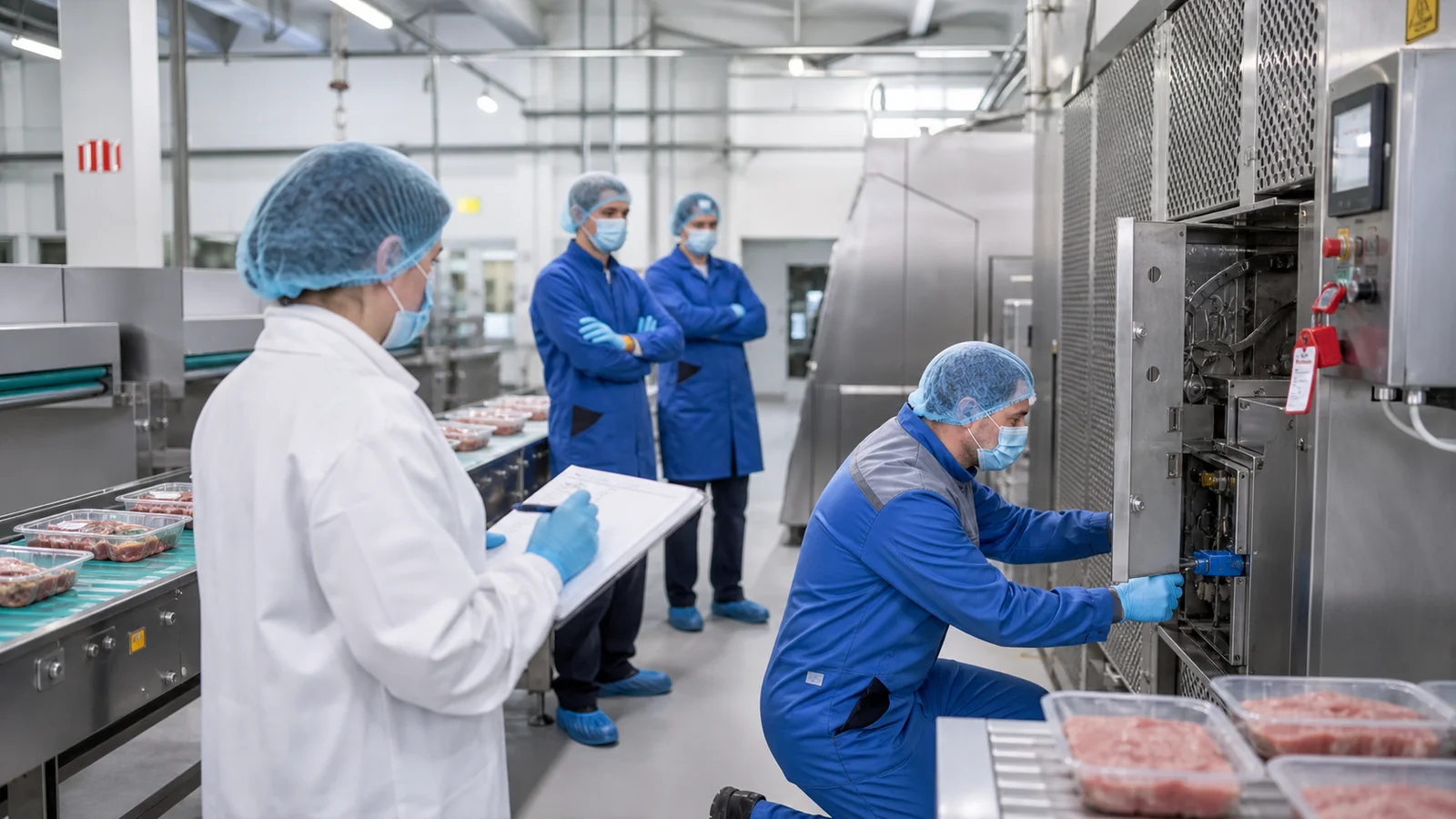 Maintenance and production staff documenting a stopped food line during a controlled repair