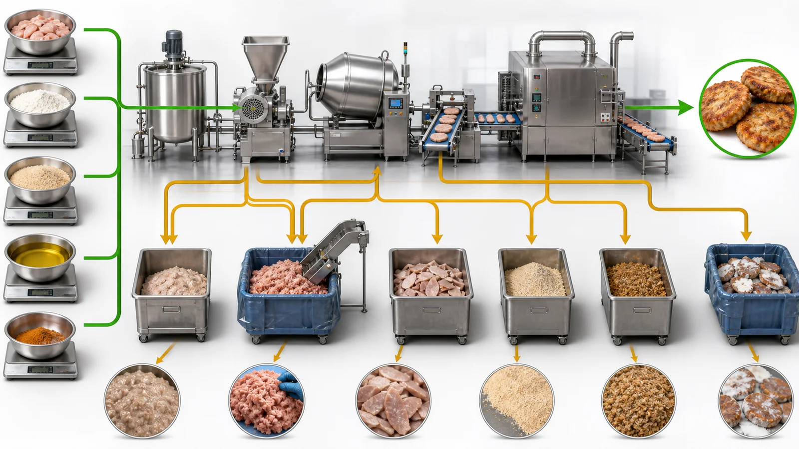 Food production mass balance separating accepted product rework trim giveaway and rejected material