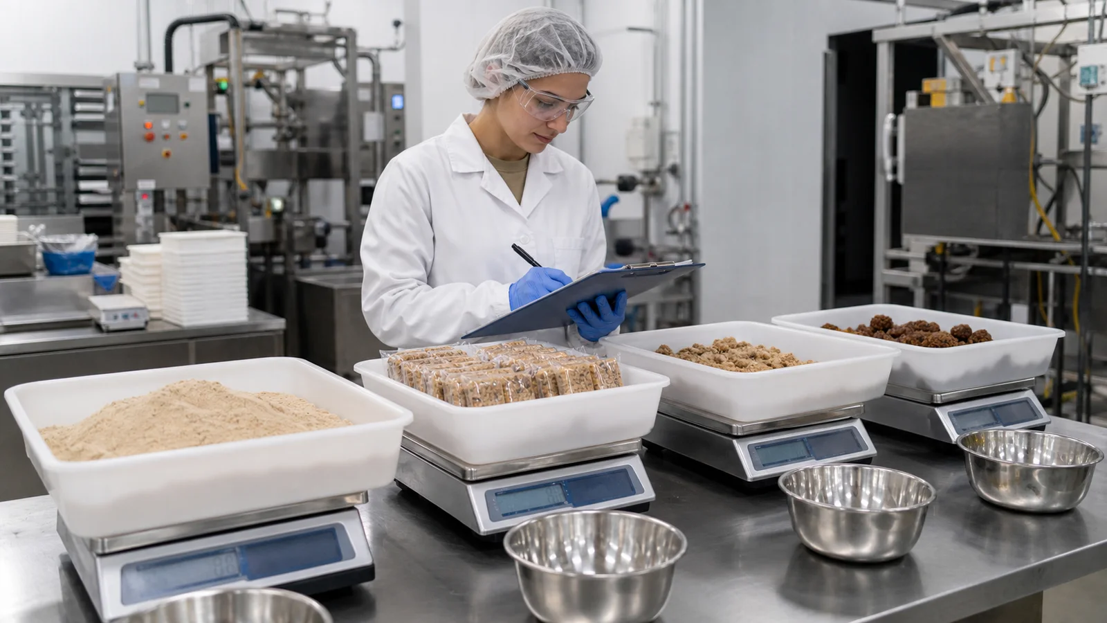 Quality engineer weighing ingredients accepted packs trim and rejects during a mass-balance trial