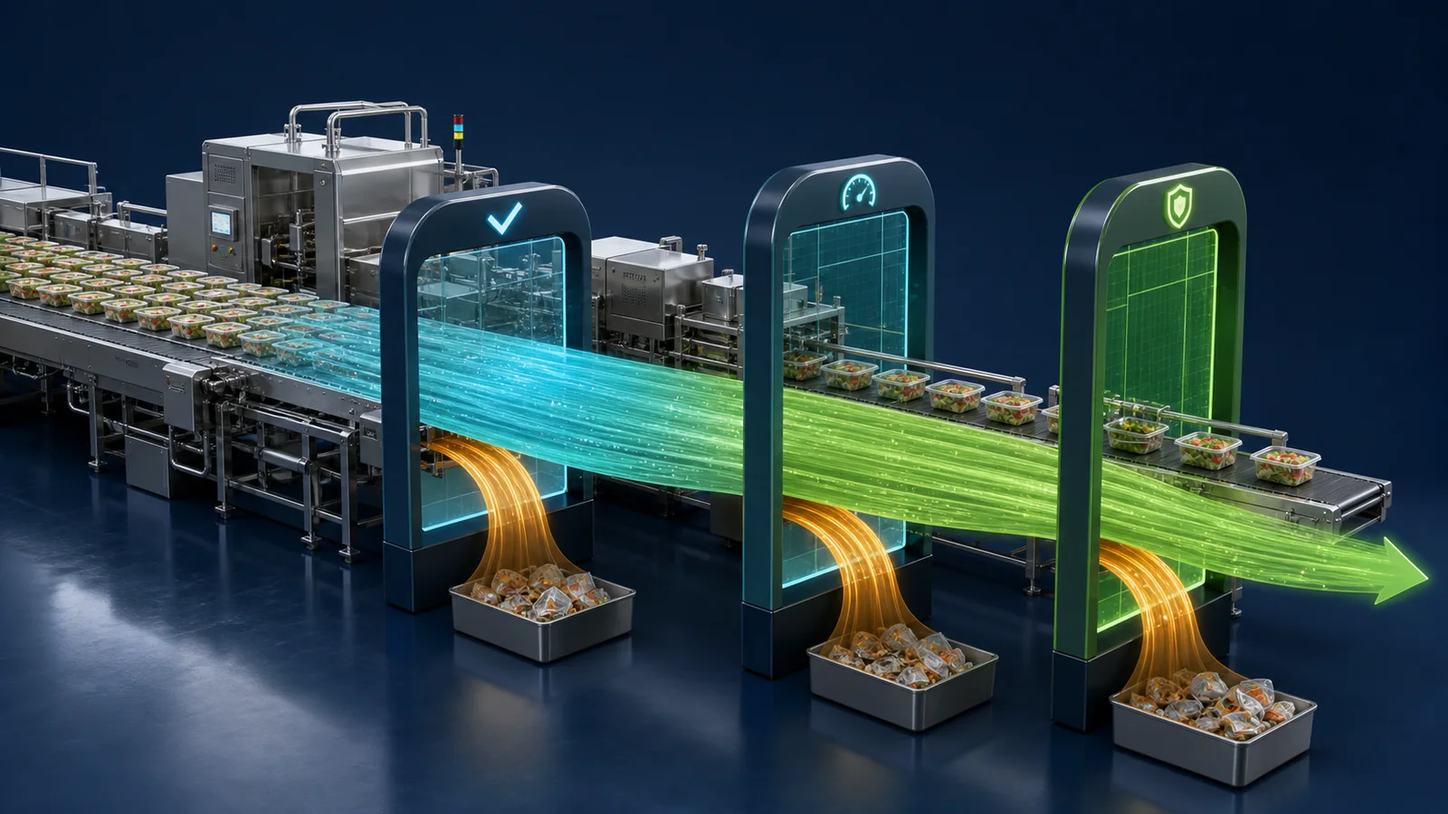Food packaging output passing through availability performance and quality effectiveness gates