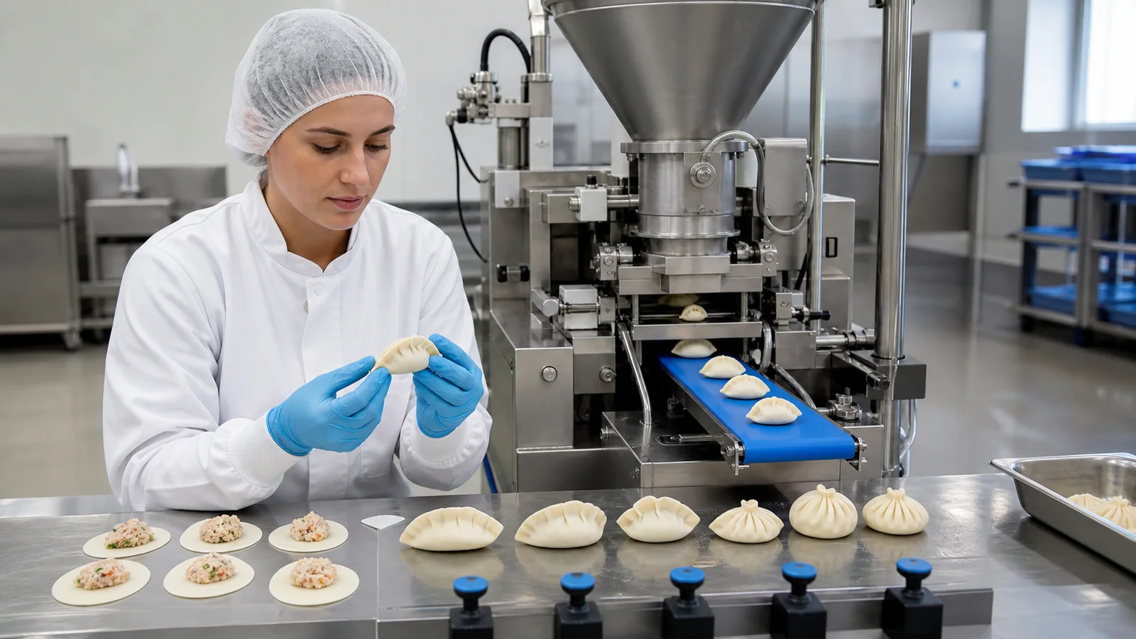 Process engineer checking wrapper filling seal and finished shape during a dumpling machine trial