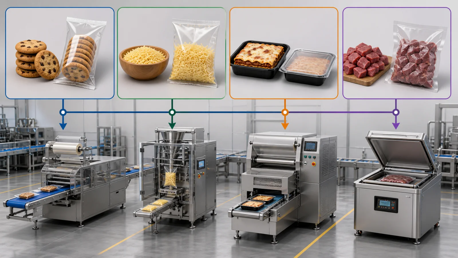 Food products matched to flow wrapping vertical bagging tray sealing and vacuum packaging equipment