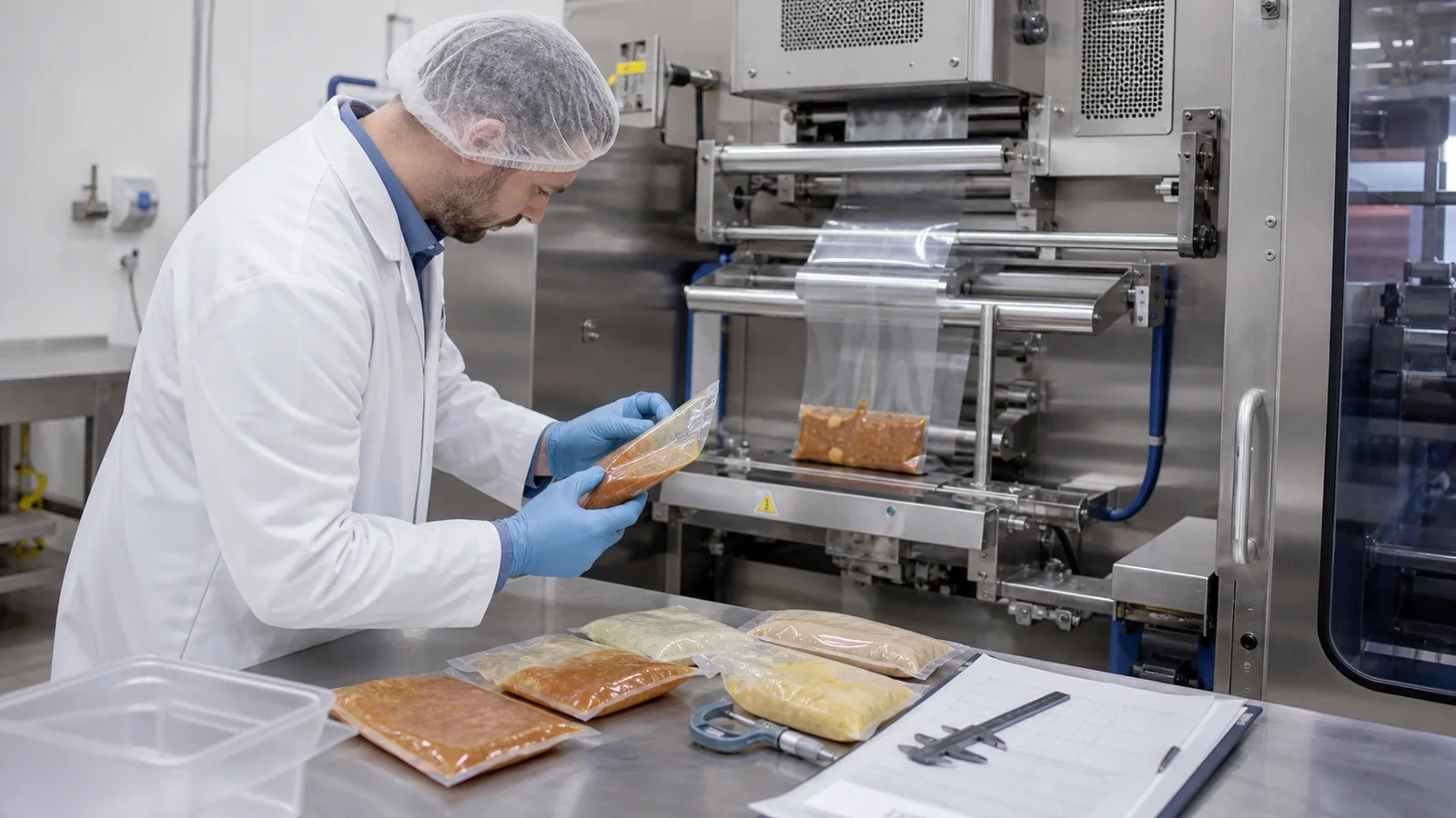 Packaging engineer checking film tracking product fit and seal integrity during a machine trial
