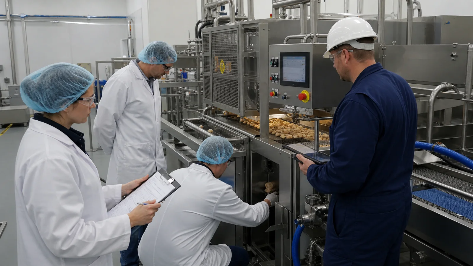 Customer project team conducting a factory acceptance test on food processing equipment
