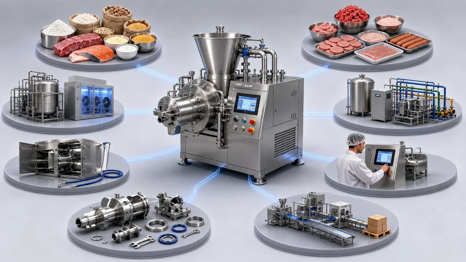 Food processing machine surrounded by product output process utility sanitation maintenance and expansion requirements