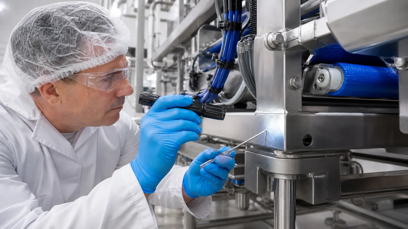 Hygienic design specialist inspecting welds drainage cable routing and cleaning access