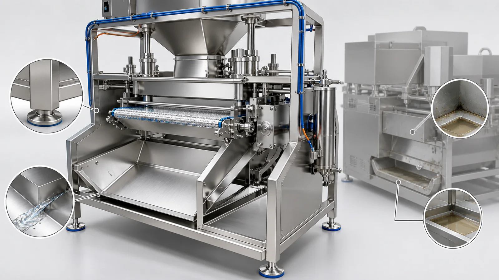 Open-frame stainless food machine with drainable surfaces smooth welds hygienic feet and accessible product zones