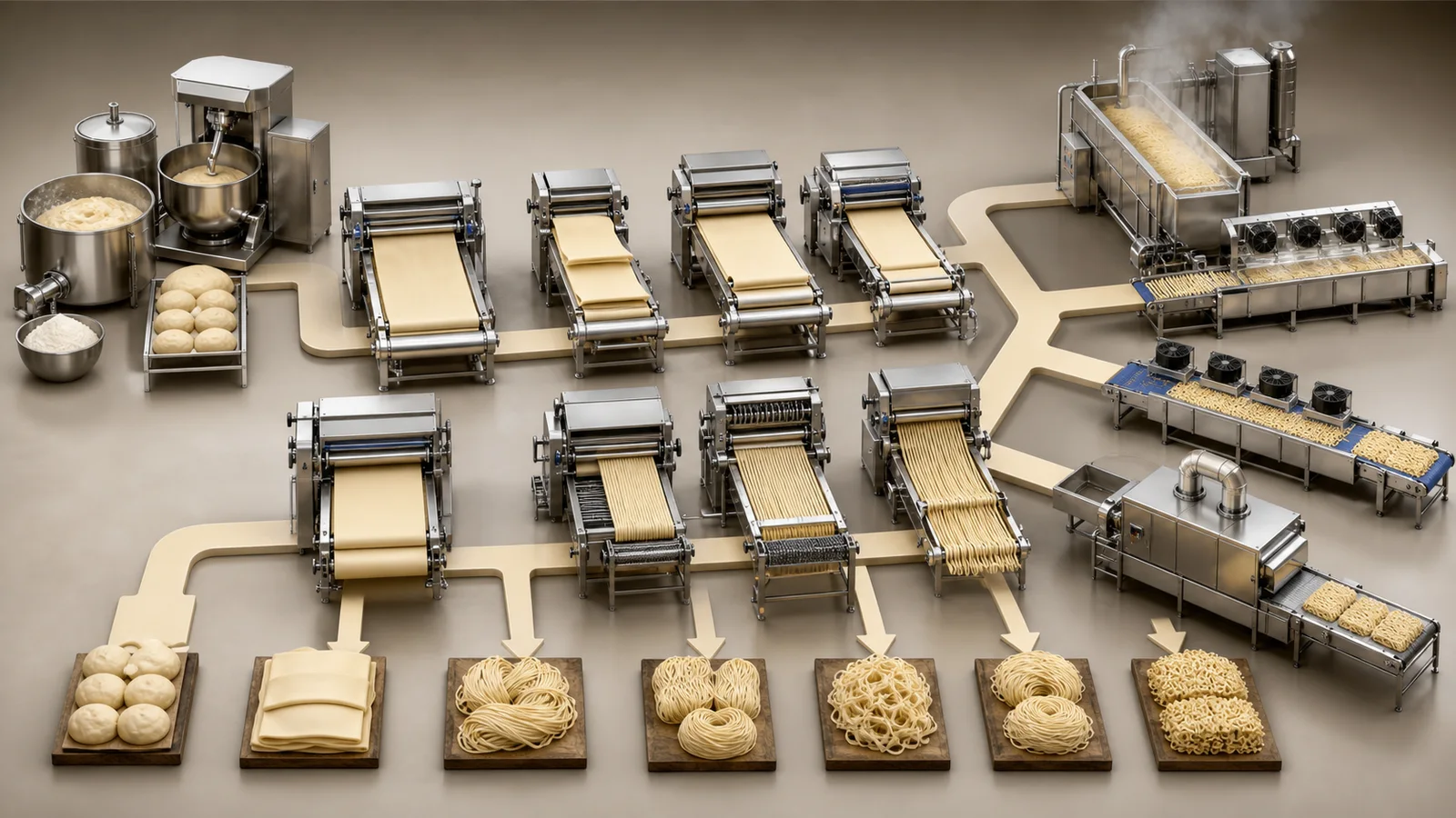 Configurable noodle line modules from mixing and resting through rolling slitting cooking cooling and drying