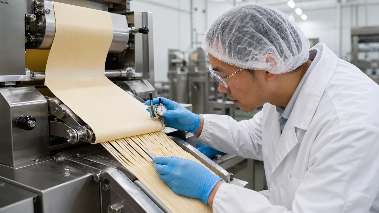 Noodle process engineer measuring dough sheet thickness and strand uniformity during a trial