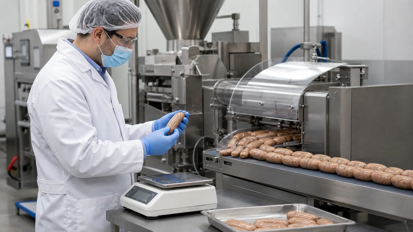 Process engineer validating portion weight fill consistency and link length on a vacuum filling line