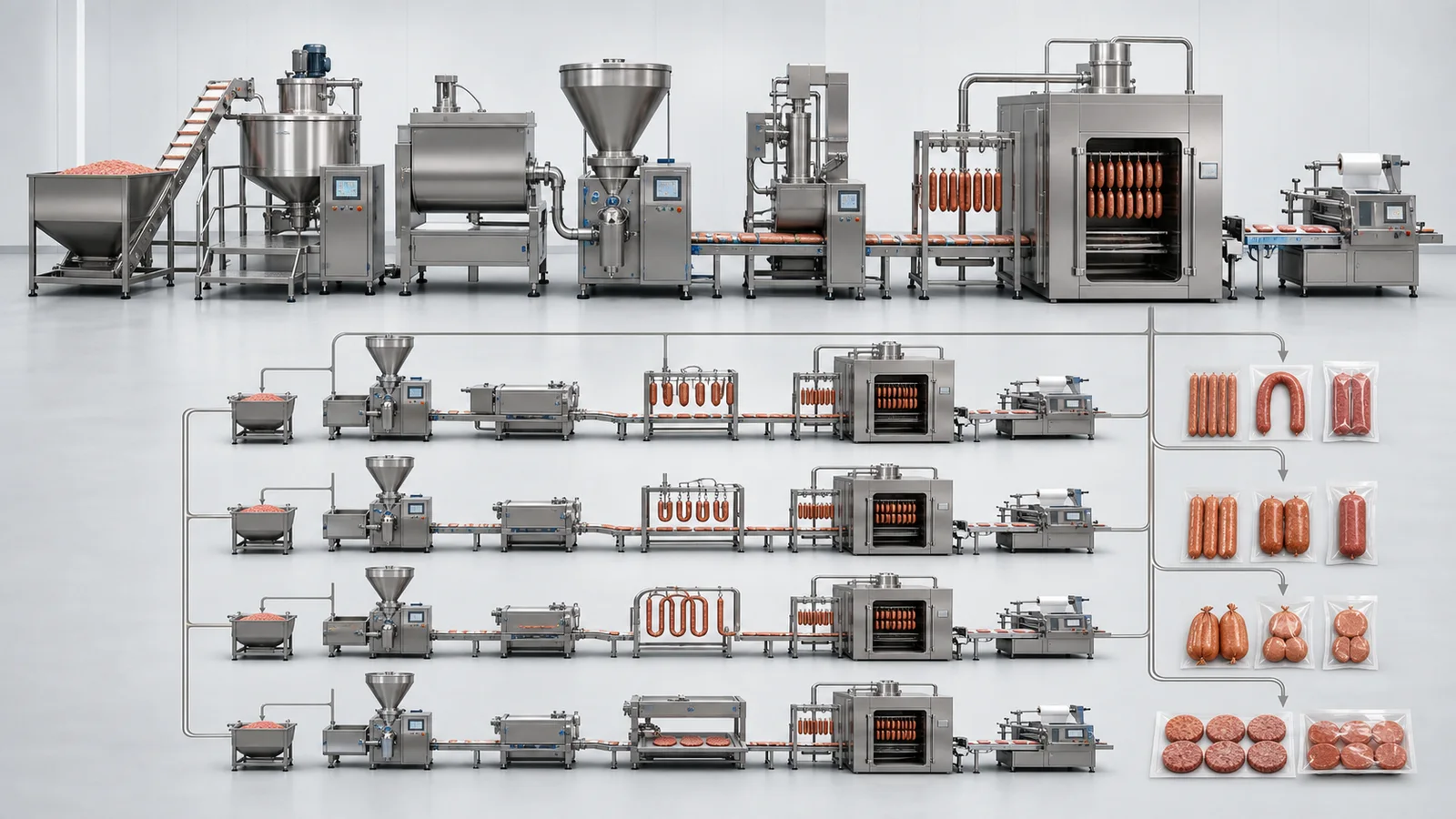 Integrated processed food line with preparation mixing vacuum filling portioning thermal processing and packaging