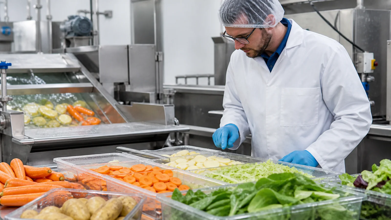 Process engineer comparing wash cleanliness slice thickness and cut quality from vegetable equipment