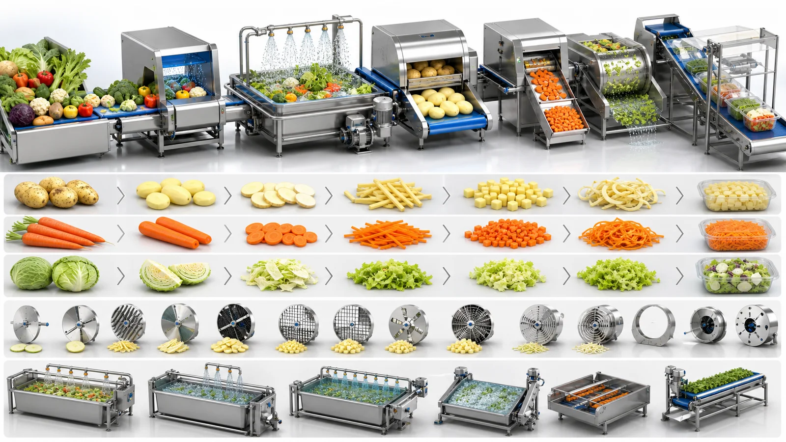 Fresh vegetables moving through inspection washing peeling cutting dewatering and packaging modules