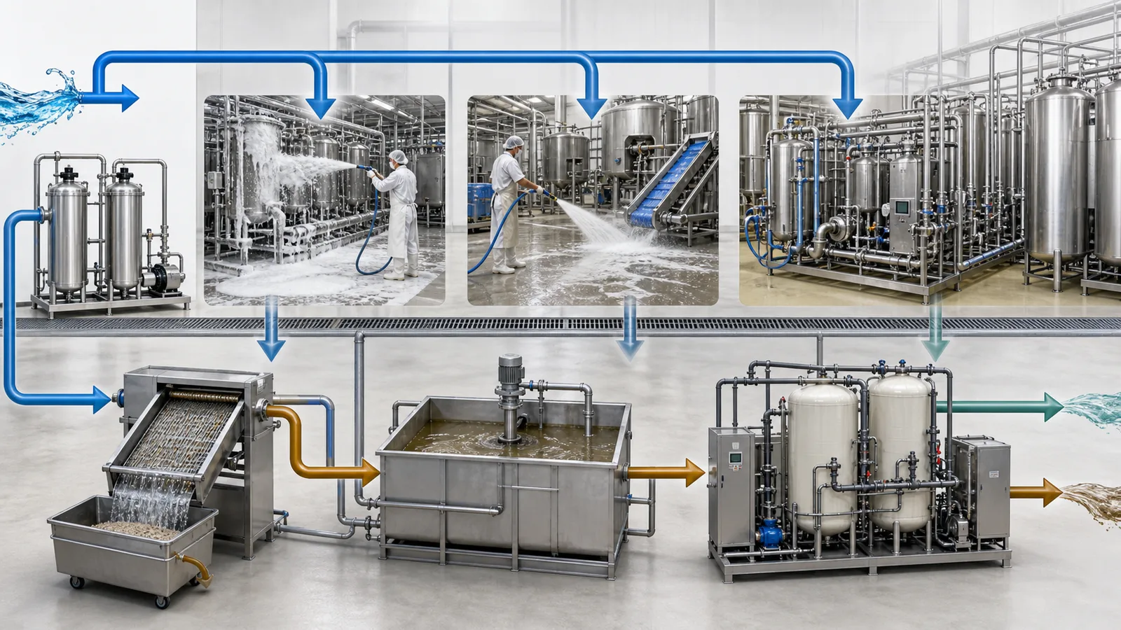Cleaning water from foam rinse and CIP flowing through drains collection equalization and wastewater pretreatment