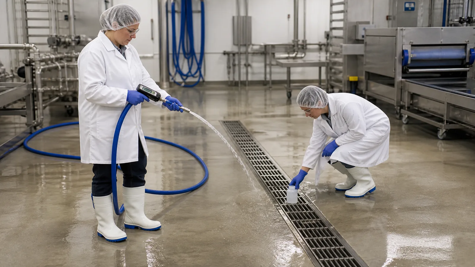 Sanitation technicians measuring washdown flow and collecting a representative floor-drain wastewater sample