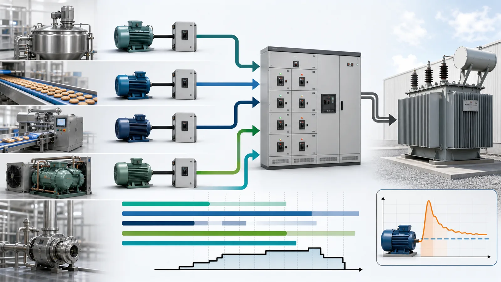 Food processing motors refrigeration and packaging loads converging through a main switchboard to the factory transformer