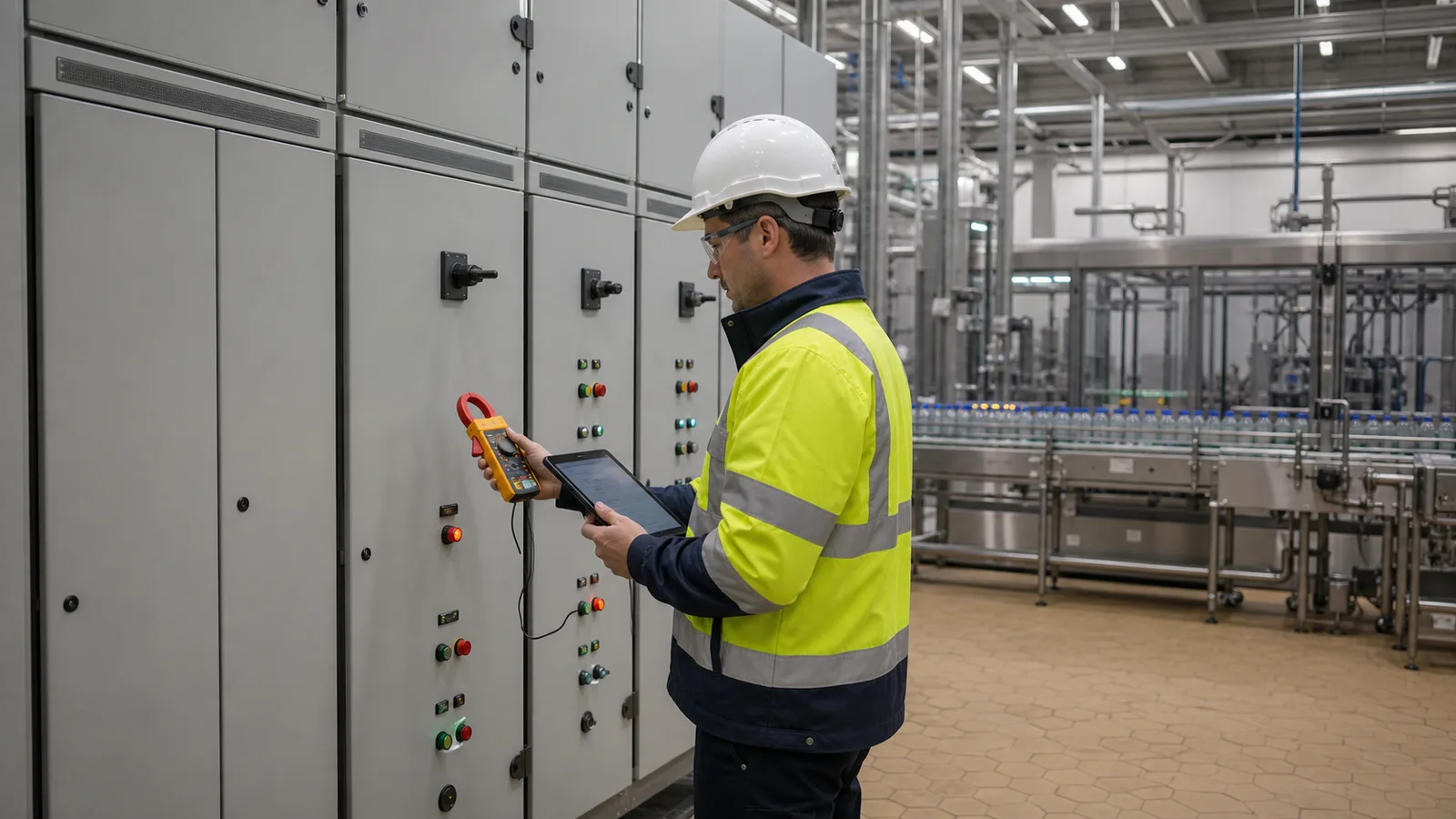 Electrical engineer checking an MCC and variable-frequency-drive cabinet beside a food production line