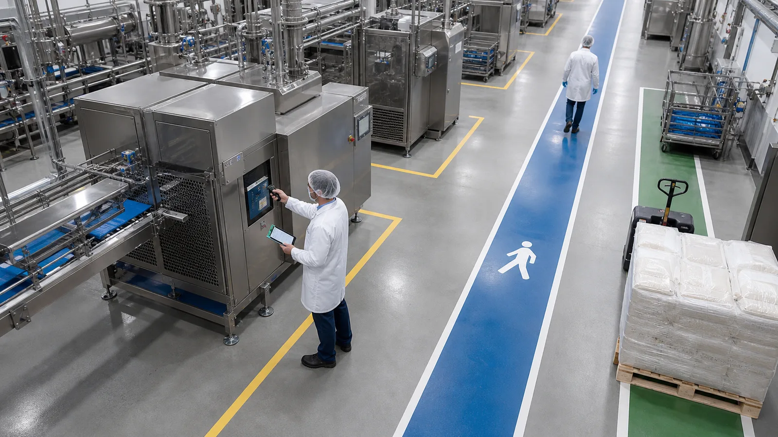 Engineer validating machine clearances and separated pedestrian and pallet routes in a food factory