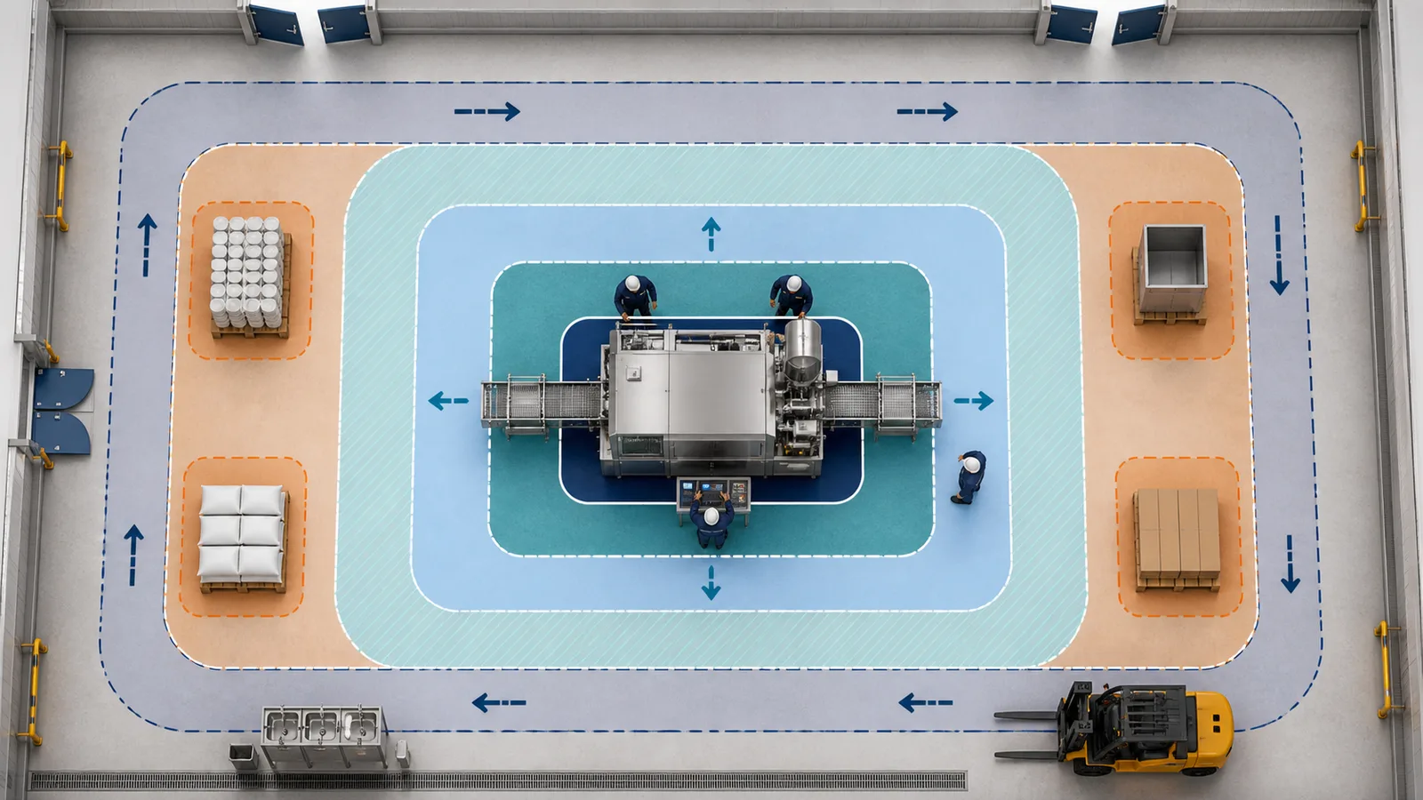 Top-down food machine layout showing footprint operation maintenance sanitation staging and circulation envelopes
